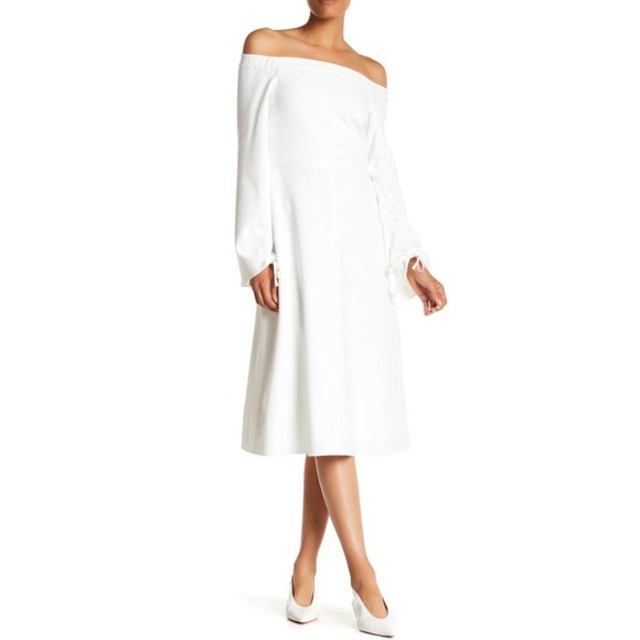 TIBI White Off the Shoulder Midi Dress